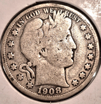 1908 D Barber Half Dollar 90% Silver G-VG Features Full Motto 50C