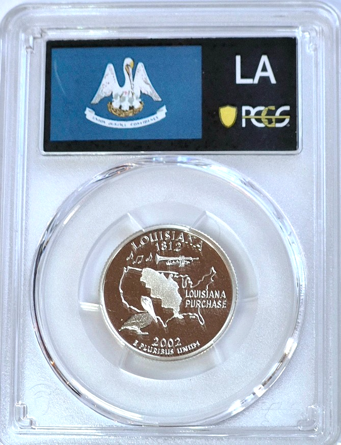 2002-S SILVER 90% Louisiana State Quarter PCGS PR69 DCAM State Flag Holder 25C
