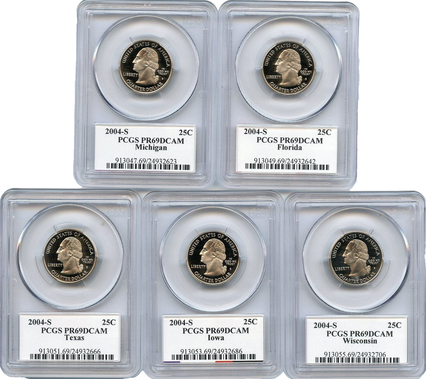 🔥 2004 S 5 Coin State Quarter Set PCGS PR69DCAM MI FL TX IA WI Flag Labels