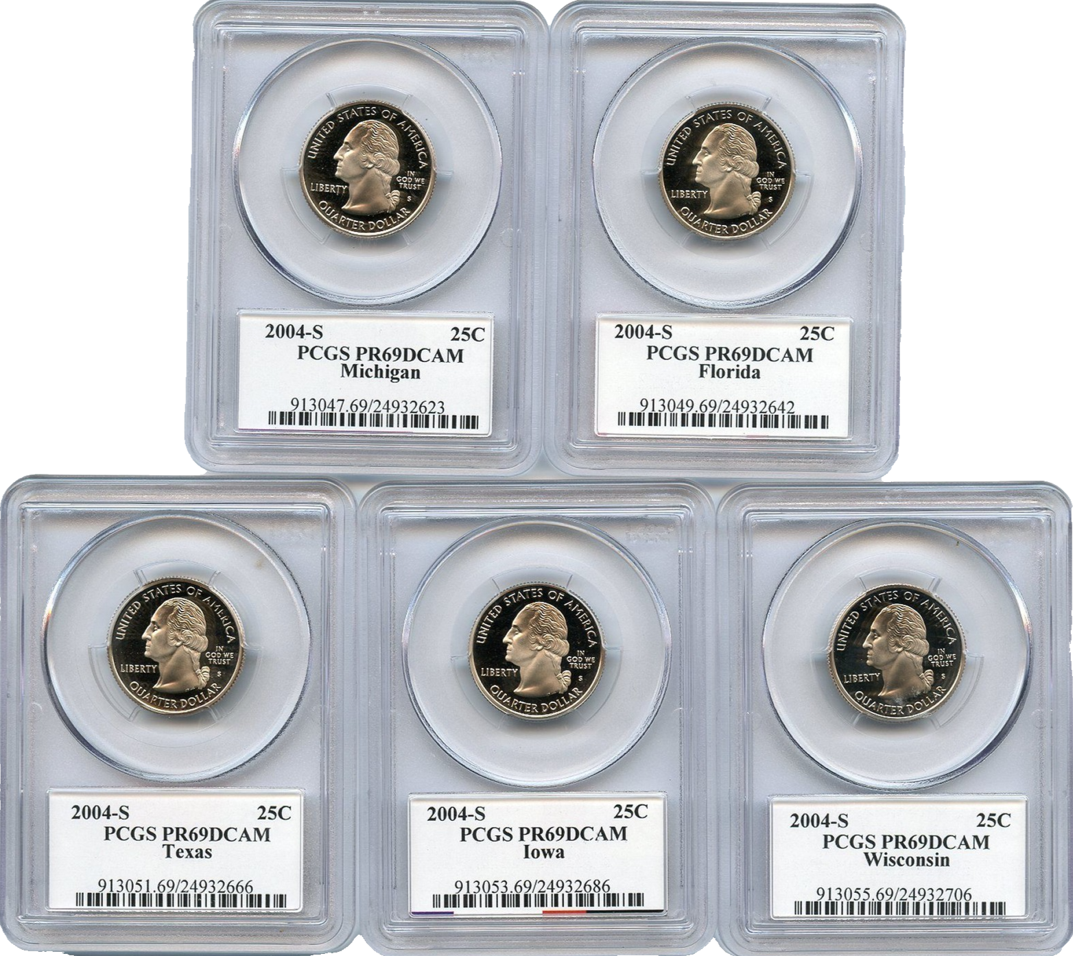 🔥 2004 S 5 Coin State Quarter Set PCGS PR69DCAM MI FL TX IA WI Flag Labels
