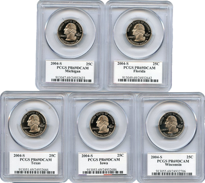🔥 2004 S 5 Coin State Quarter Set PCGS PR69DCAM MI FL TX IA WI Flag Labels