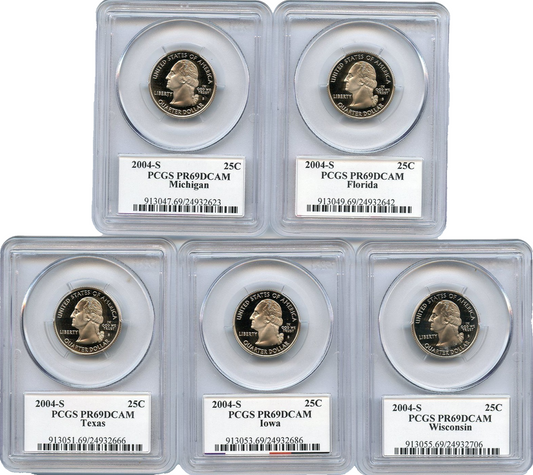 🔥 2004 S 5 Coin State Quarter Set PCGS PR69DCAM MI FL TX IA WI Flag Labels