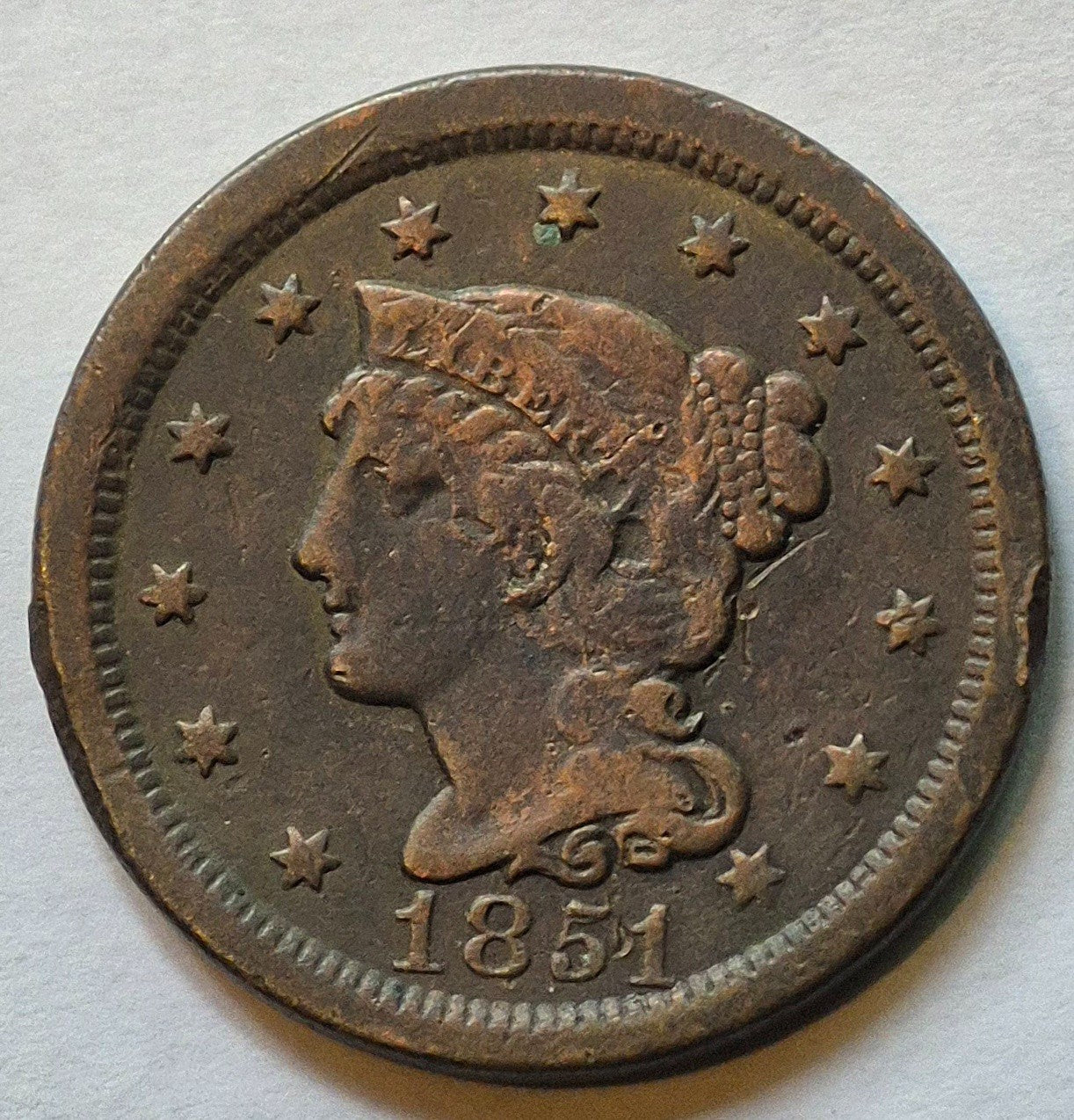 1851 Coronet Large Cent Braided Hair Strong Fine Features N5 R3 1C