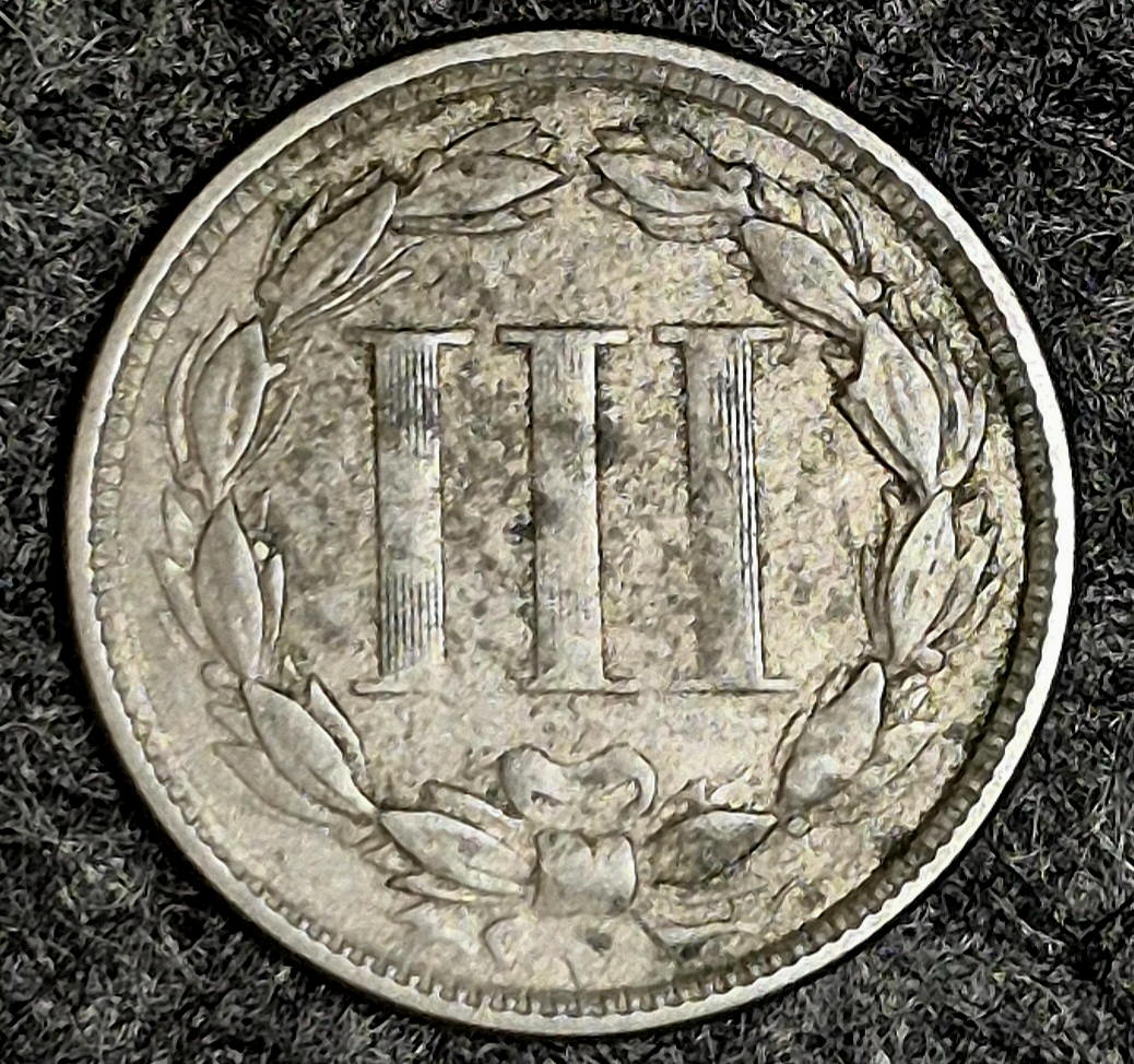 1865 First Year 3 Cent Nickel AU Features Full Liberty & Clear Pillar Lines