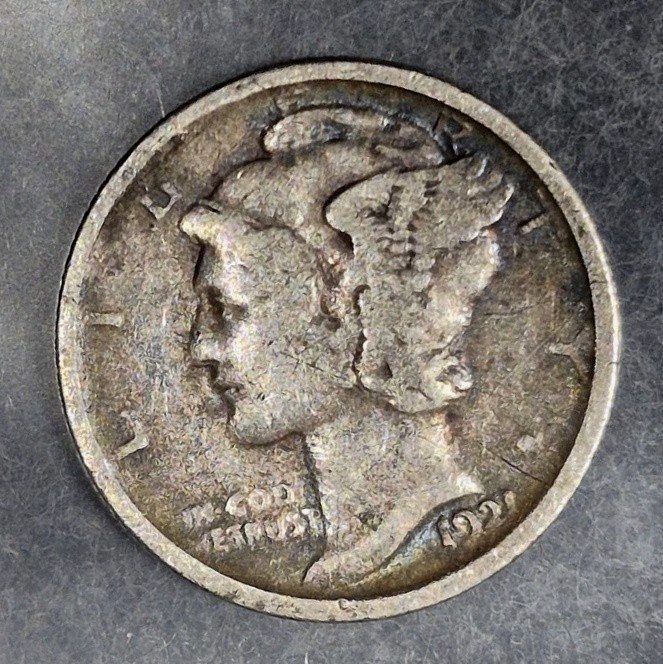 1921 P Mercury Dime Key Date Low Mintage 1,230,000 Fine 90% Silver 10c Toned