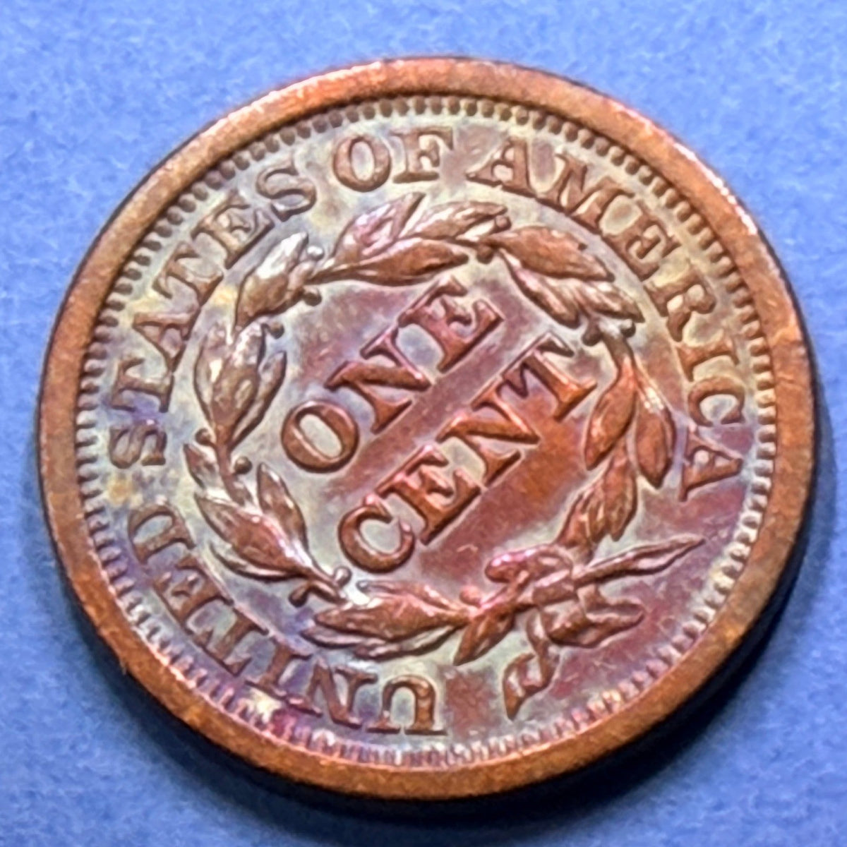 1851 Braided Hair Large Cent 1C XF-AU Rainbow Toned Copper Penny US Coin