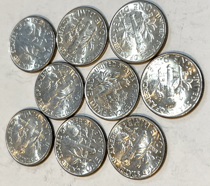 {9} 1962 D Roosevelt Dimes 90% Silver BU Uncirculated Condition $.90 Face Value