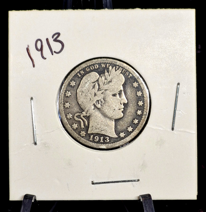 1913 Barber Silver Quarter 90 % SILVER Very Collectable Date Coin VG-F Features