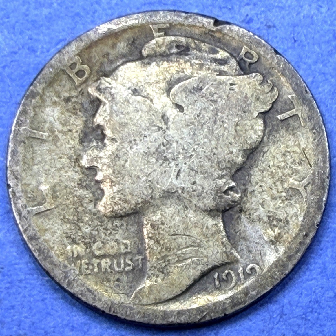 1919 Mercury Dime 10C Golden Amber Toned 90% Silver G Good Philadelphia Toner