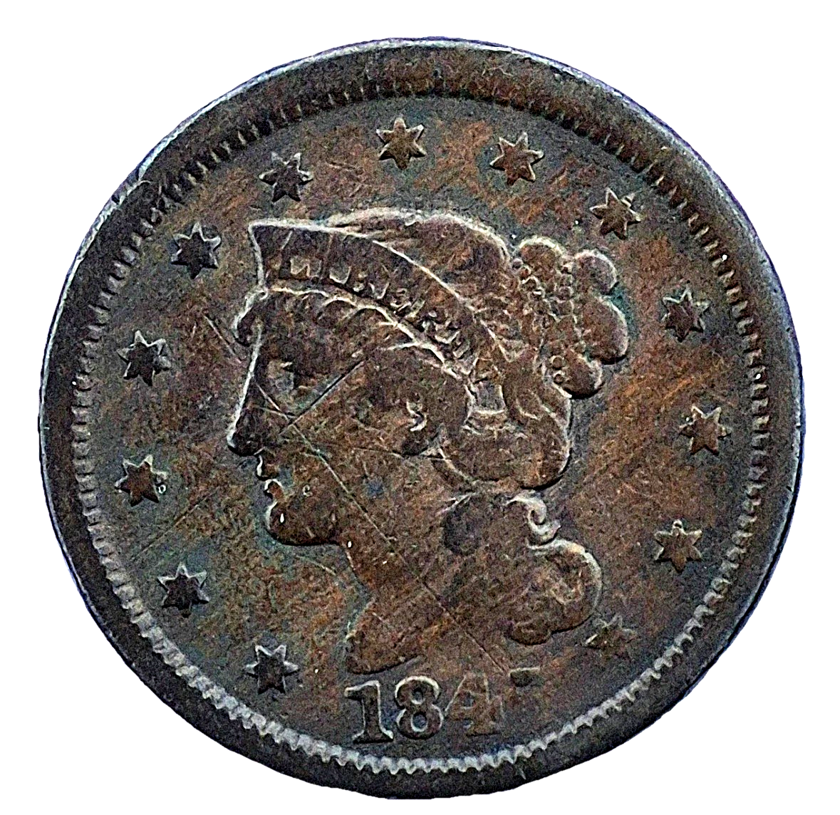 1845 Braided Hair Large Cent Variant N12, R3, Strong VF+ Features 1C GSID 1111
