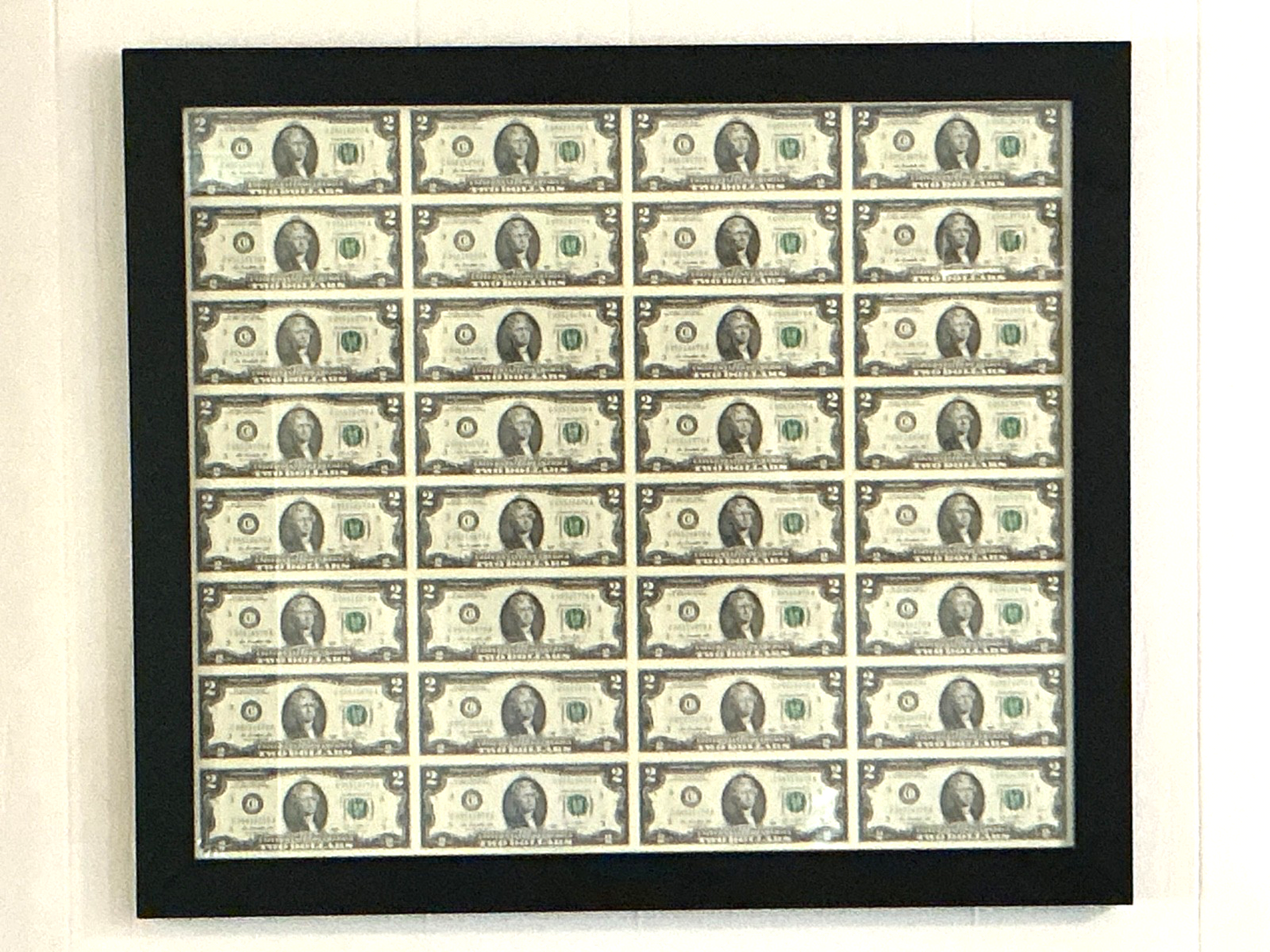 32 ~ $2 Dollar Bills Uncut Sheet Professionally Framed Series 2013 UNCIRCULATED