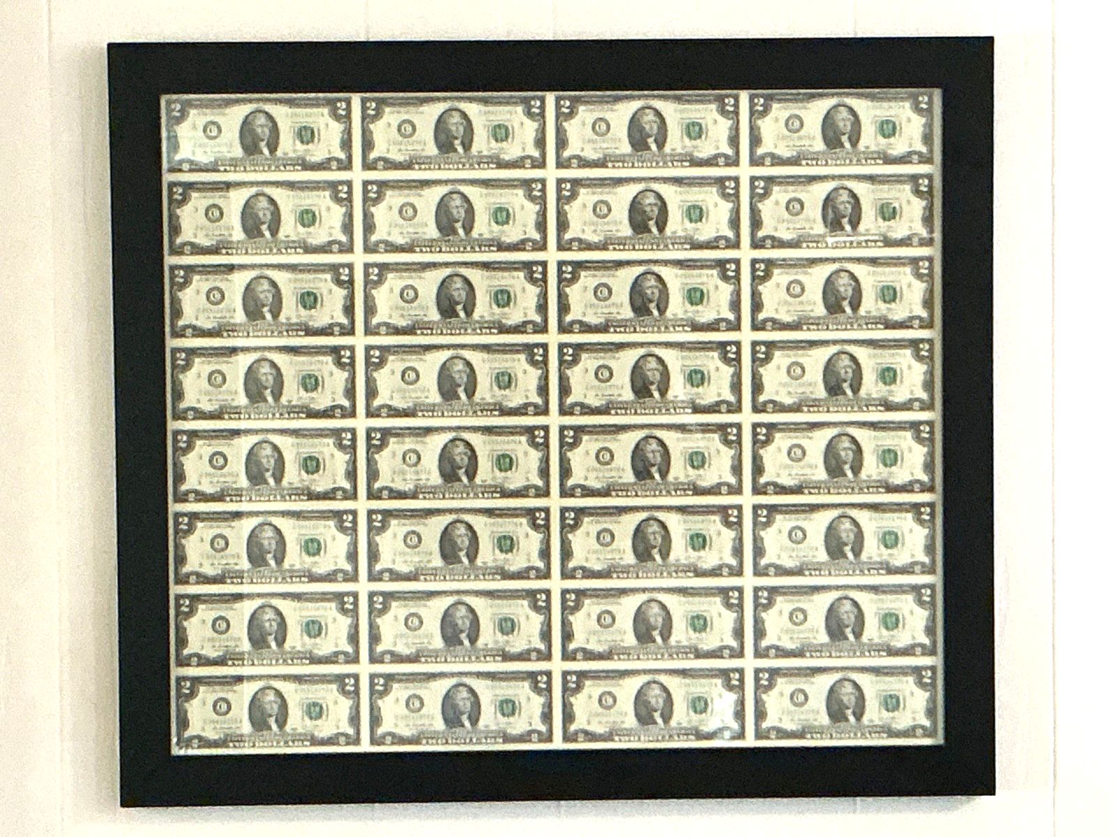 32 ~ $2 Dollar Bills Uncut Sheet Professionally Framed Series 2013 UNCIRCULATED