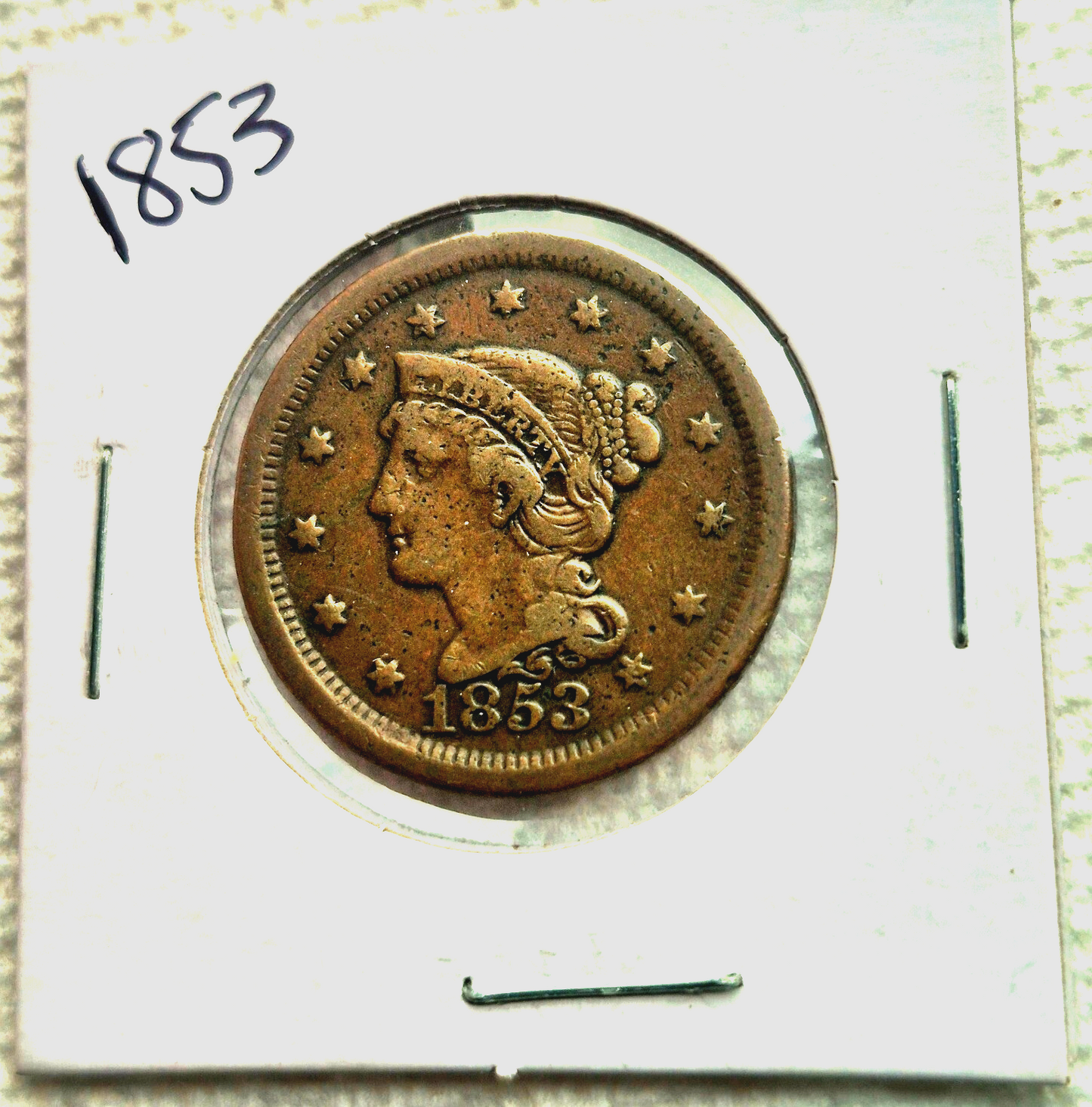 1853 Braided Hair Large Cent Sharp VF Features N24 R2 Full Liberty Rich Brown 1C