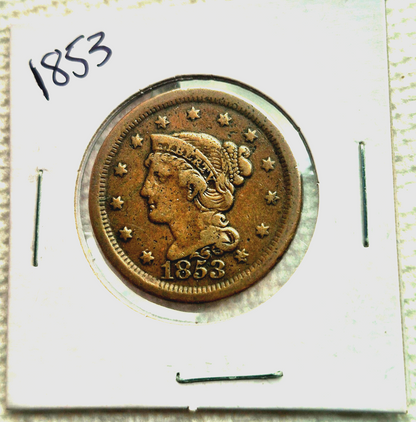 1853 Braided Hair Large Cent Sharp VF Features N24 R2 Full Liberty Rich Brown 1C