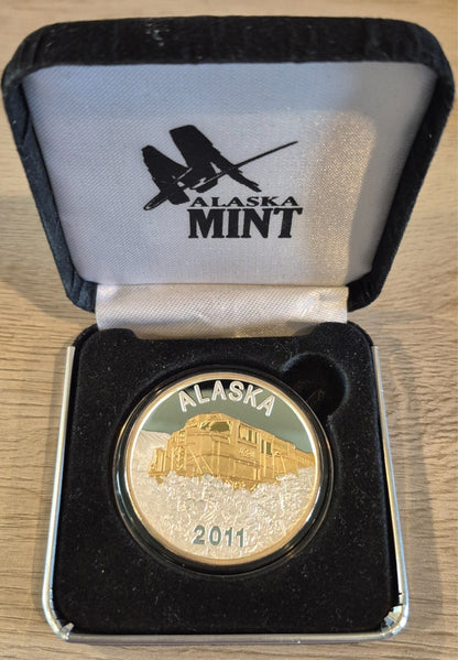 2011 Alaska Mint 1 Oz Silver coin .999 Fine /24 KT Gold Relief Commem Alaska RR