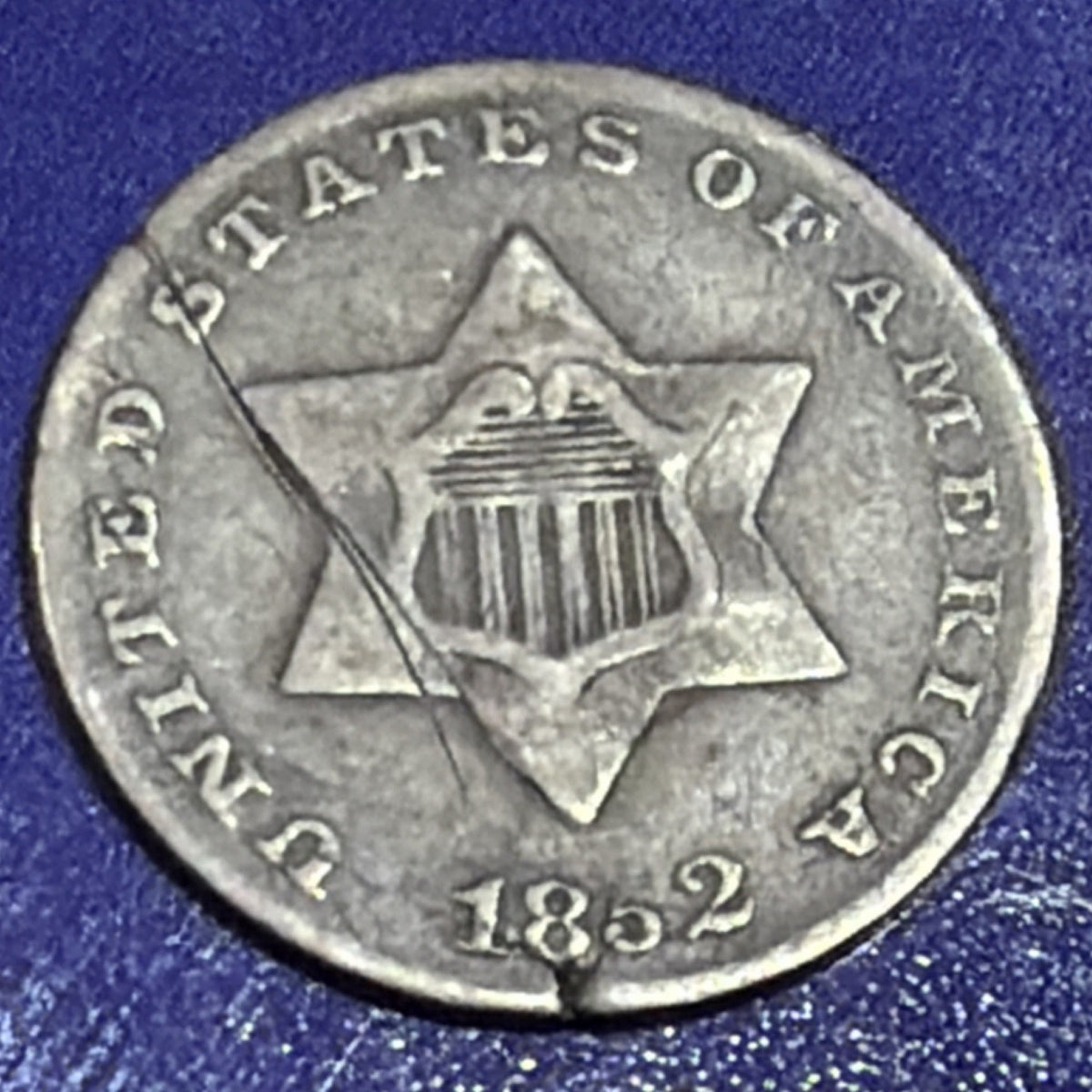 1852 Silver Three Cent Piece Trime 3C F Fine Die Crack 75% Silver US Coin...