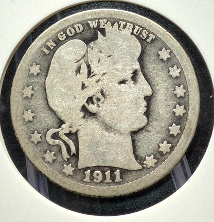1911 Barber Silver Quarter 90% SILVER Coin Very Good Features Partial Motto 25C
