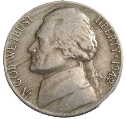 🔥 1942 (P)  Jefferson Nickel Good - Fine (G-F) Average Circulated 5c Coin