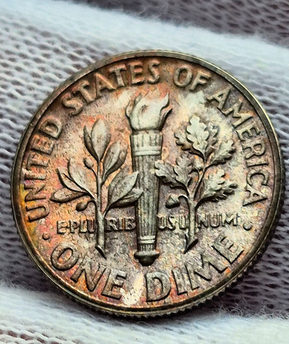 1962 Roosevelt PR 90% Silver Dime End Of BU OBW Roll Beautiful Rainbow Toning