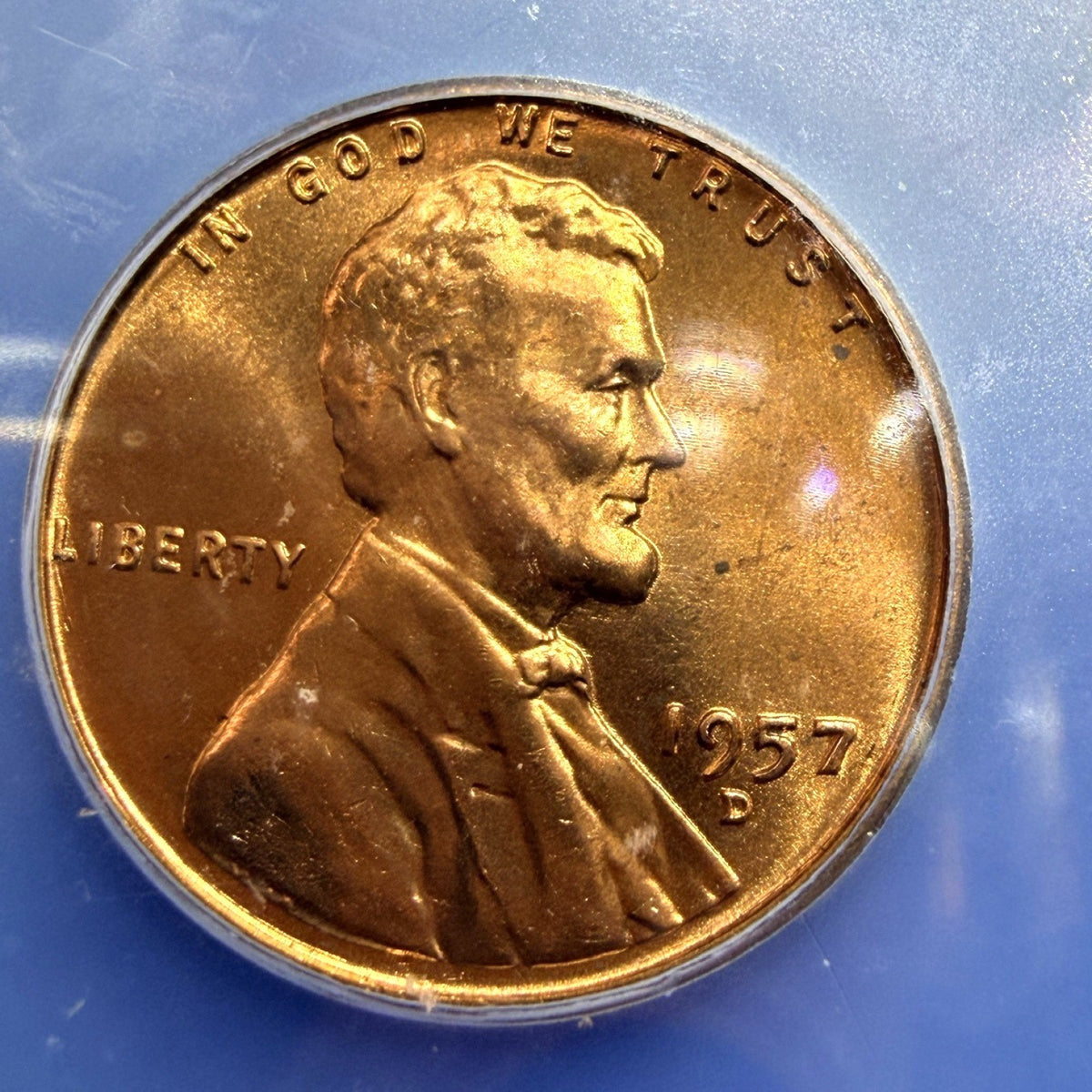 1957-D Lincoln Wheat Cent ICG MS65 RD Full Red Denver Mint Certified Coin - photo 2