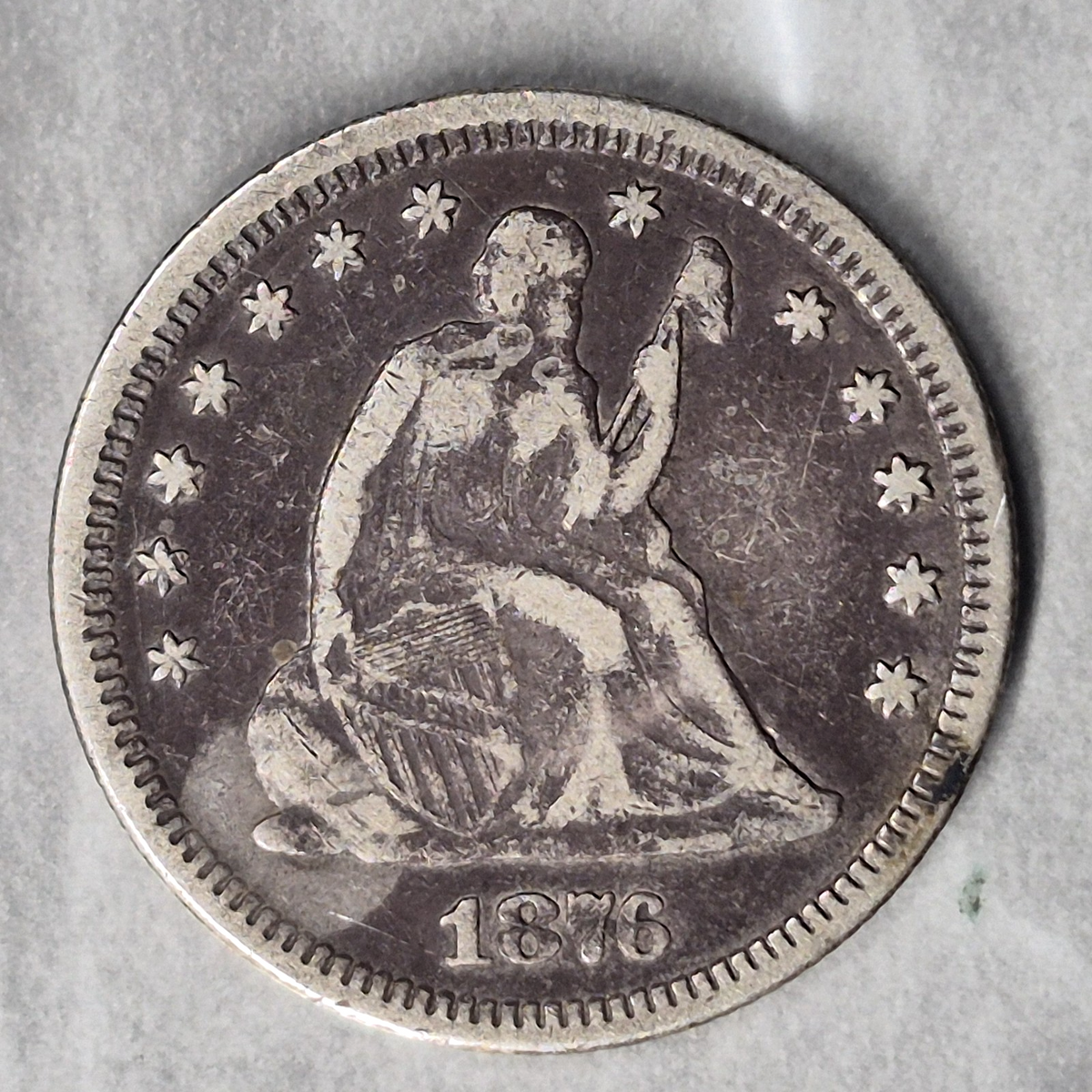 1876 Seated Liberty Quarter 25C 90% Silver Centennial Year With Motto Good+