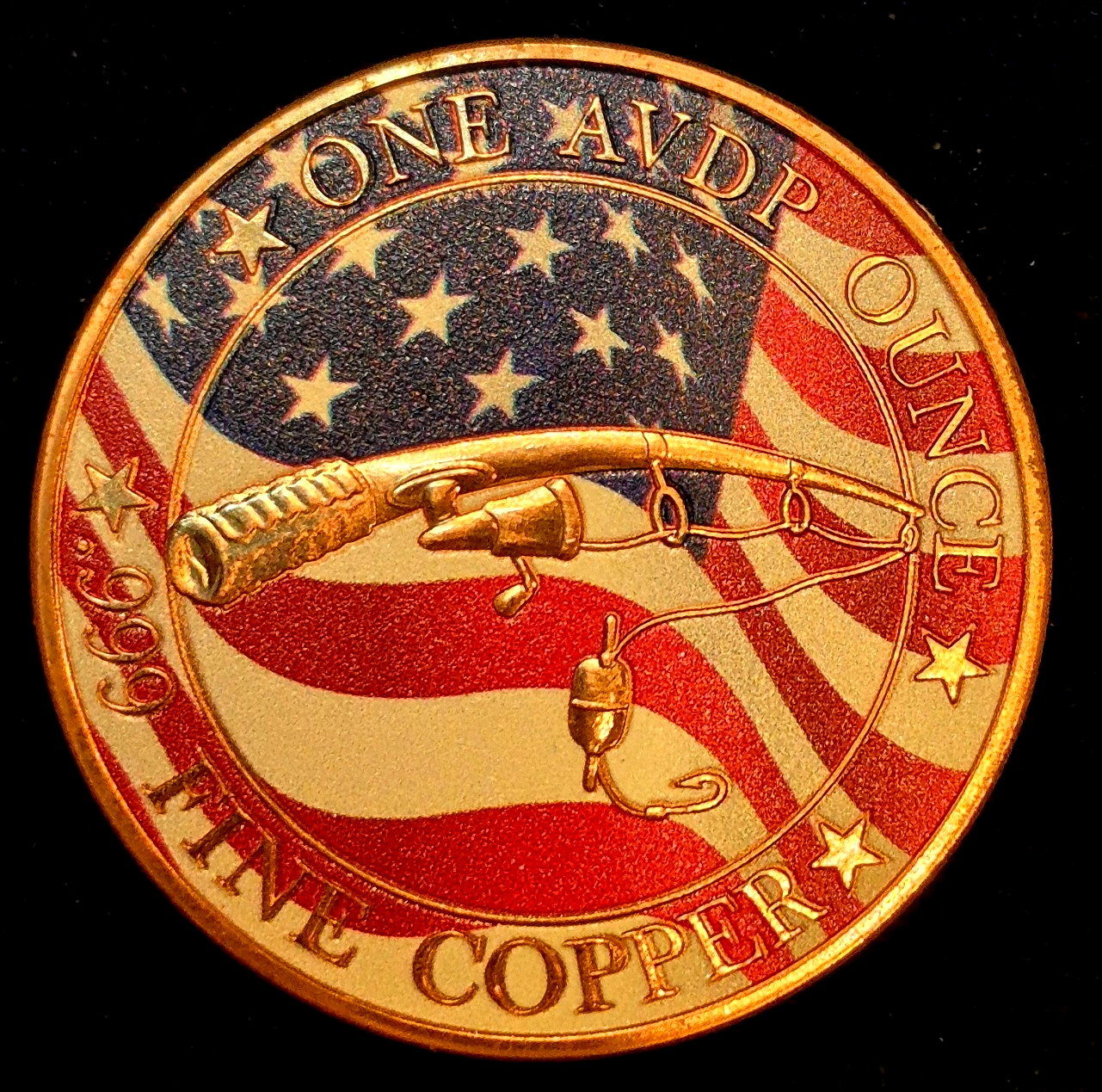 1oz Reverse Proof Bass Fishing .999 Copper Colorized Round US Flag Rod and Reel