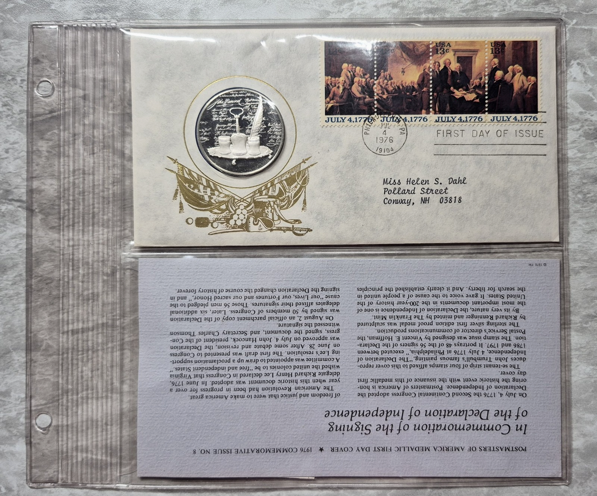 1976 Postmasters of America Declaration of Independence Sterling Proof Medal FDC