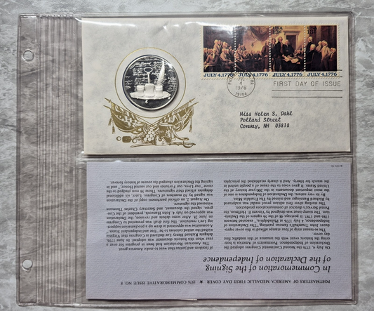 1976 Postmasters of America Declaration of Independence Sterling Proof Medal FDC