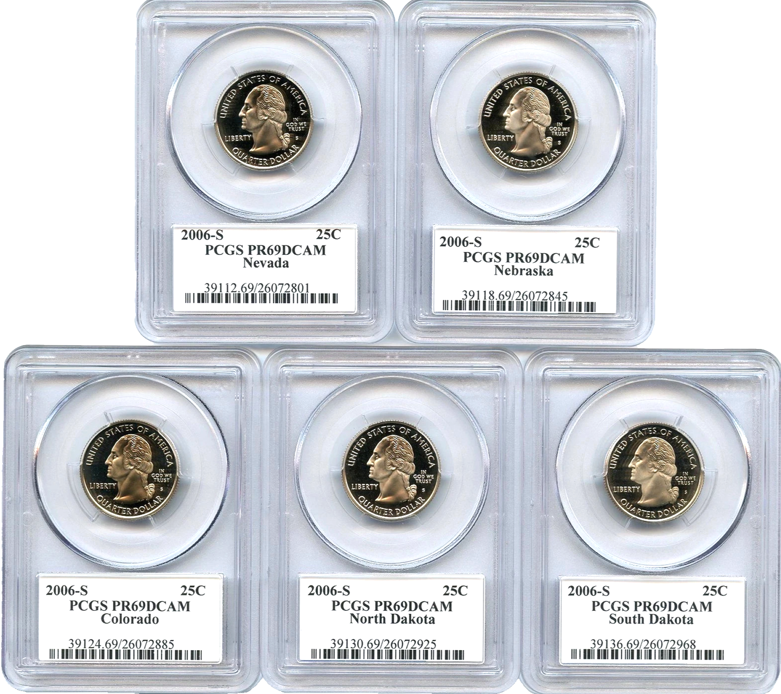 🔥 2006 S 5 Coin State Quarter Set PCGS PR69DCAM NV NE CO ND SD Flag Labels