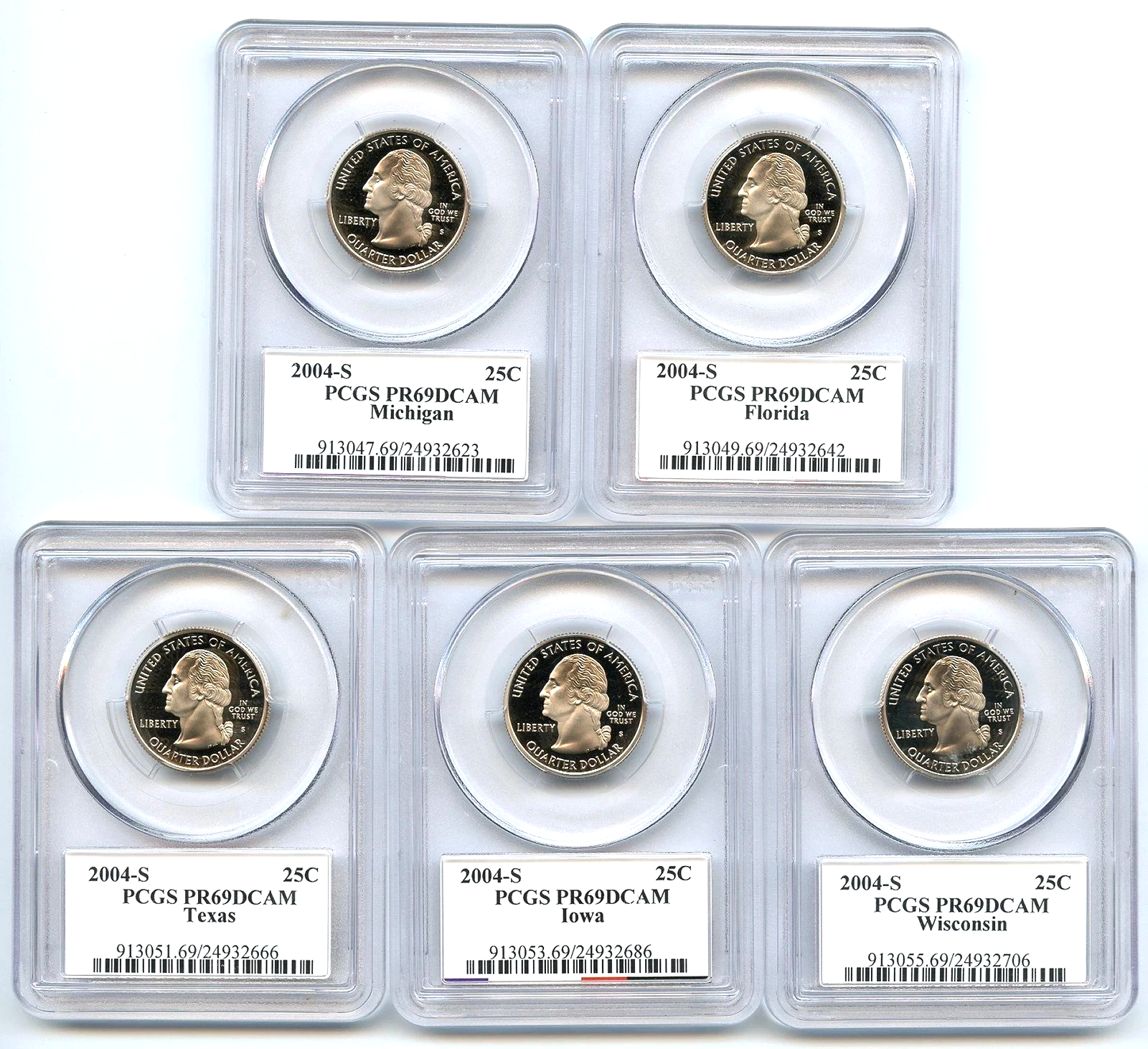 🔥 2004 S 5 Coin State Quarter Set PCGS PR69DCAM MI FL TX IA WI Flag Labels