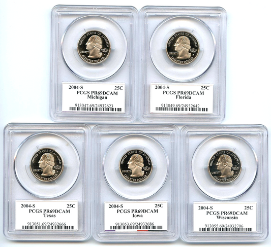 🔥 2004 S 5 Coin State Quarter Set PCGS PR69DCAM MI FL TX IA WI Flag Labels