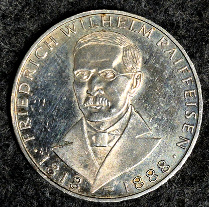 1968 J  GERMANY FEDERAL 5 MARK Friedrich Raiffeisen 0.625 SILVER COIN KM#121