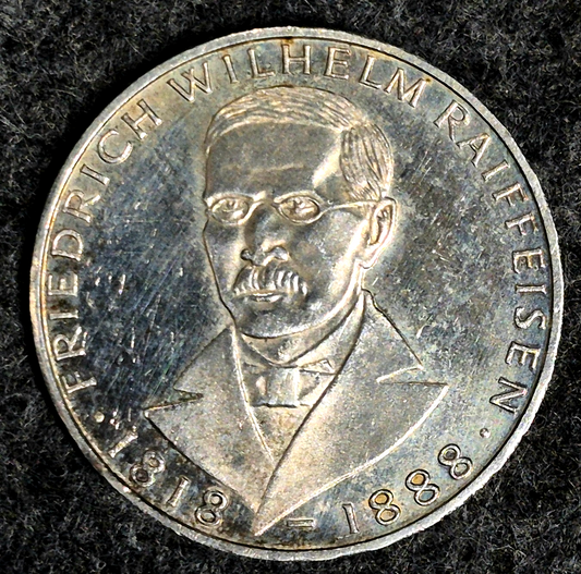1968 J  GERMANY FEDERAL 5 MARK Friedrich Raiffeisen 0.625 SILVER COIN KM#121