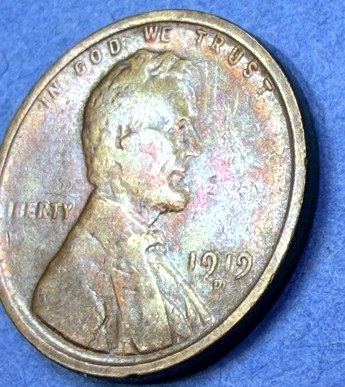 1919-D Lincoln Wheat Cent 1C VF Rainbow Toned Penny Golden Rose Toning US Coin