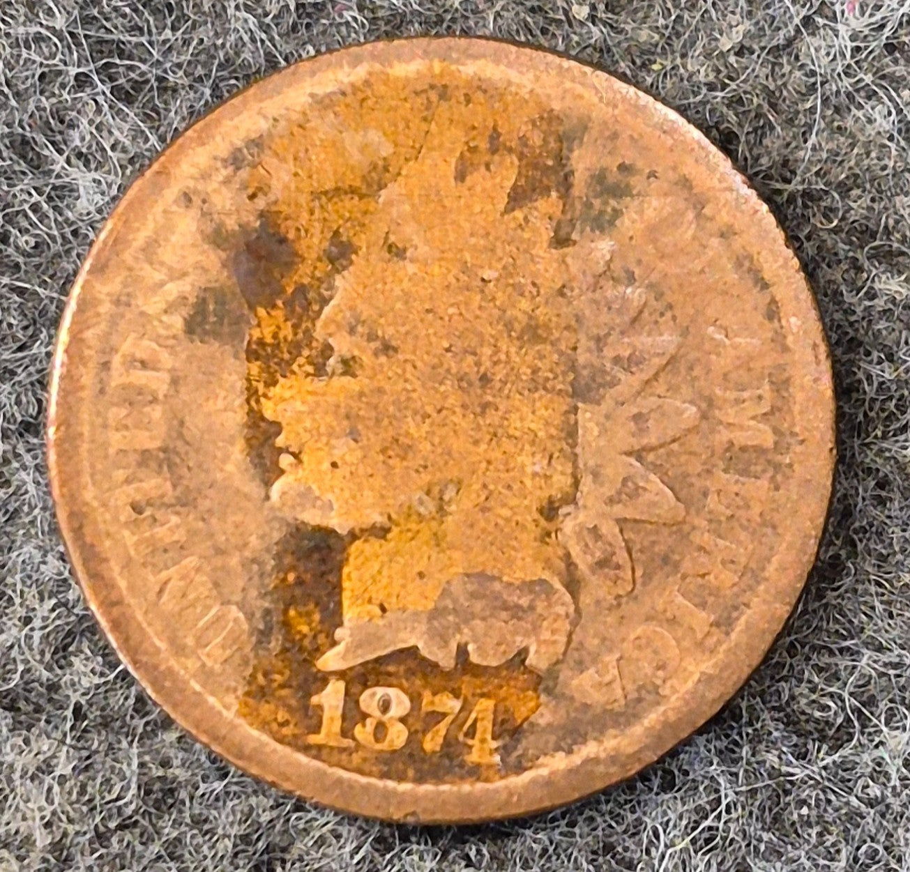 1874 Indian Head Cent Penny AG or Less Features, Hole Filler, Coin Pictured 1C
