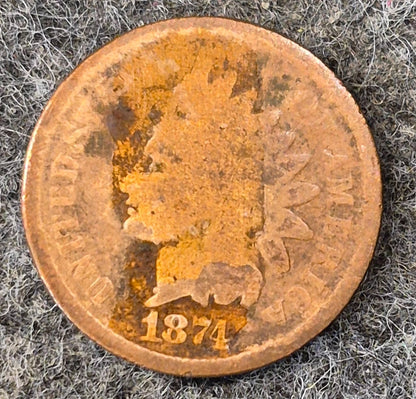 1874 Indian Head Cent Penny AG or Less Features, Hole Filler, Coin Pictured 1C