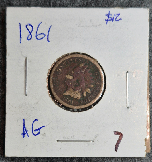 1861 Indian Head Cent Penny AG or Less Features, Hole Filler, Coin Pictured 1C
