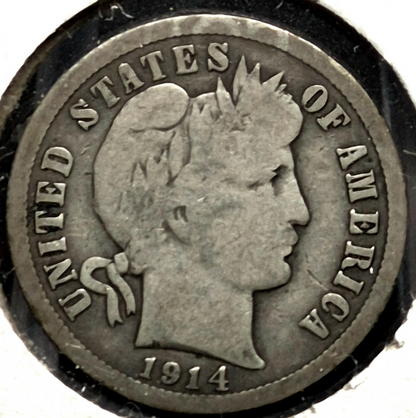 1914 P Barber Dime 90% Silver, Better VG -F Features Vintage Flip