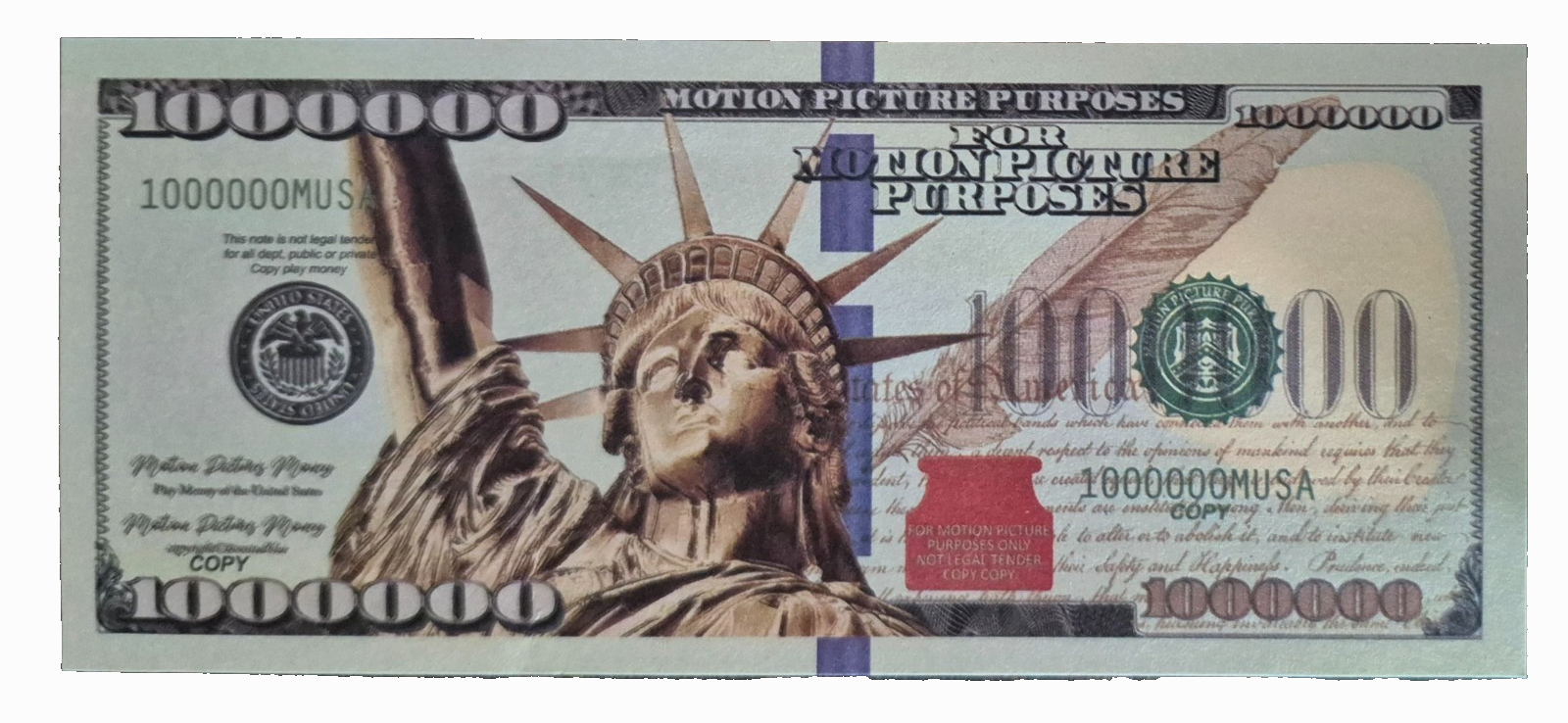 * Golden Statue Of Liberty Lot of (10) -1,000,000 Novelty Million Dollar Bills