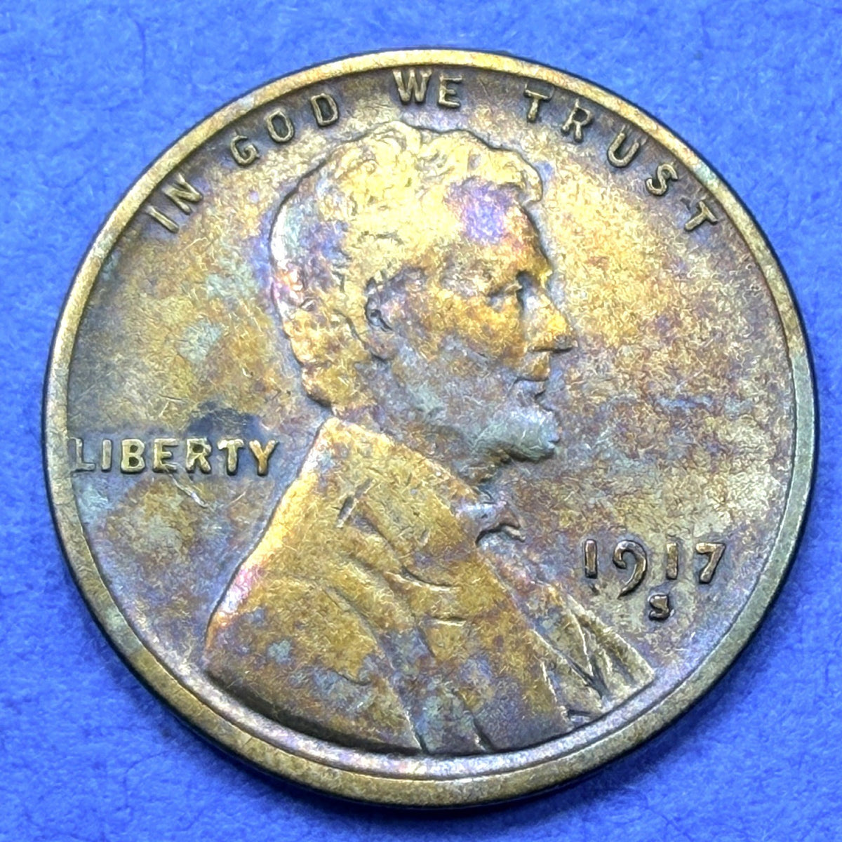 1917-S Lincoln Wheat Cent Toner 1C Penny San Francisco Mint XF Gold Violet Tone