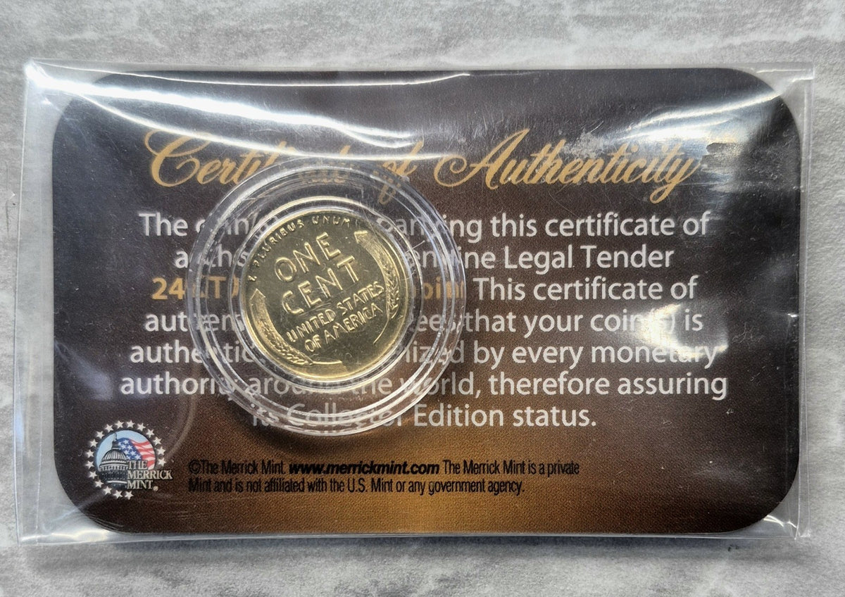 1943-D Lincoln Steel Wheat Cent 24K Gold Plated WWII Penny Capsule & COA Card