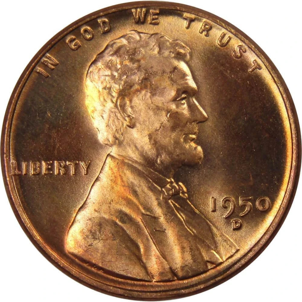 1950 D Lincoln Wheat Cent BU Uncirculated Mint State Bronze Penny 1c RED Coin