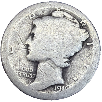 1916 Mercury Dime 90% Silver Coin About Good AG Condition 1st YEAR #2