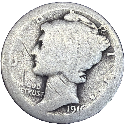 1916 Mercury Dime 90% Silver Coin About Good AG Condition 1st YEAR #2