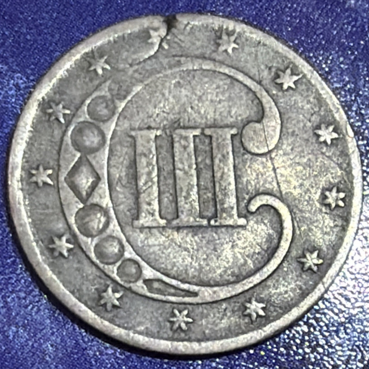 1852 Silver Three Cent Piece Trime 3C F Fine Die Crack 75% Silver US Coin...