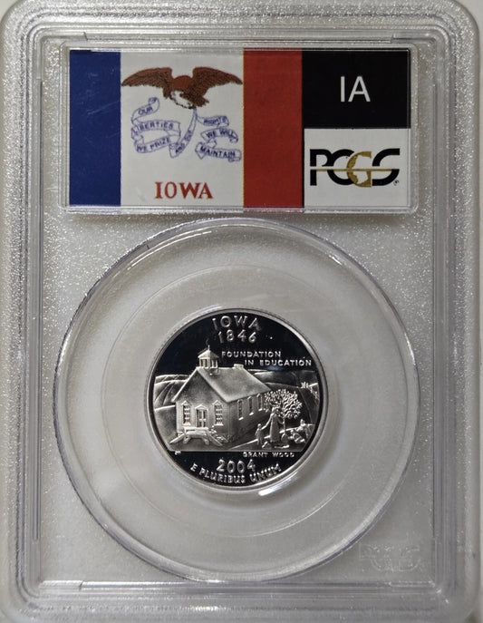 ✅ 2004-S Iowa 90% SILVER Washington Quarter ~PCGS PR69DCAM State Flag Label