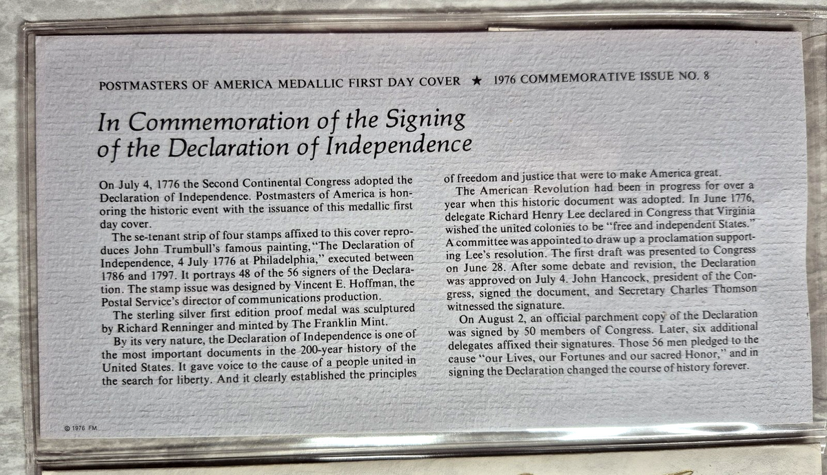 1976 Postmasters of America Declaration of Independence Sterling Proof Medal FDC