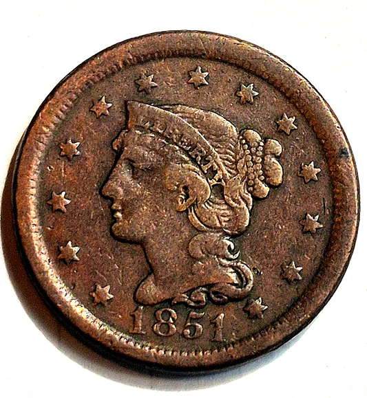 1851 Braided Hair Large Cent Above Average Very Fine Features Variant N2 1C