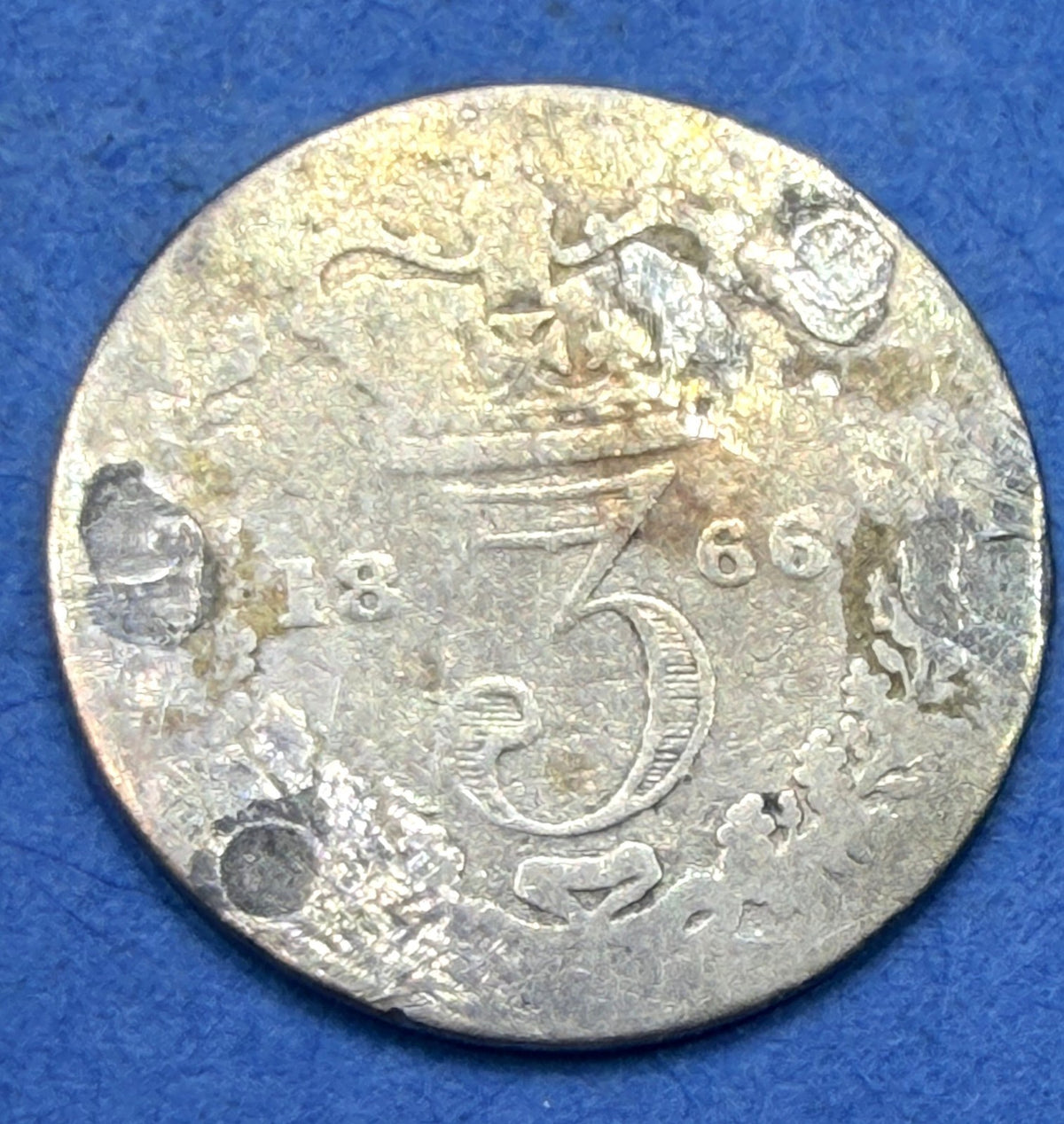 1866 Great Britain 3 Pence Silver Queen Victoria Threepence Solder Marks UK Coin