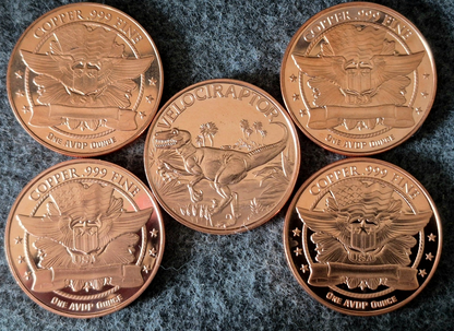 DINOSAUR SERIES (5) Coin Lot 1 oz. .999 AVDP COPPER ROUNDS "Wings & Flag" Backs